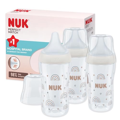 NUK Perfect Match Baby Bottles Set | 3+ Months | Adapts to Babys Palate | Temperature Control | Anti Colic Vent | 260 ml | BPA-Free | Medium Silicone Teat | Rainbow | 3 Count