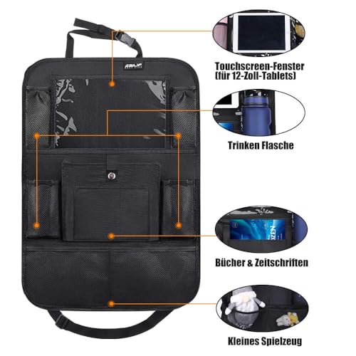 Ezilif Auto Rückenlehnenschutz Kinder, Wasserdicht Sitzschutz Auto Organizer mit 12 Zoll Tasche für iPad/Tablet, Autositz Organizer mit Kick-Matten-Schutz, Schwarz