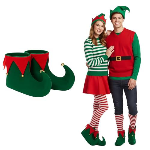 Adults Deluxe Christmas Elf Shoe Covers with Bells – Red & Green Fancy Dress Boot Covers | Christmas Costume Accessory for Xmas Parties, Santa’s Helper & Holiday Outfits