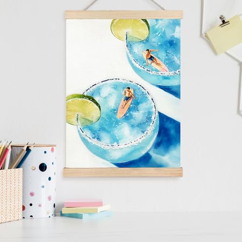 Image of PQKIY Trendy Coastal Cocktail Surf Wall Art Poster Hanger Frame 12x16 in, Whimsical Summer Blue Margarita Beach Aesthetic Wall Decor Canvas Prints for Beach Room Home Bar Dorm Apartment