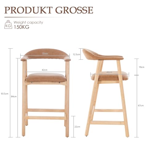 Image of 26 inch Bar Stools Set of 2, Upholstered Counter Stools, Modern Faux Leather Counter Height Bar Chairs with Backs and Arms, Wood Legs and Footrest, for Kitchen Counter, Island, Dining Room, Brown