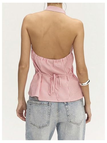 Milumia Women's Striped Tie Front Halter Top Sleeveless Open Back Wrap Asymmetrical Hem Tank Tops2