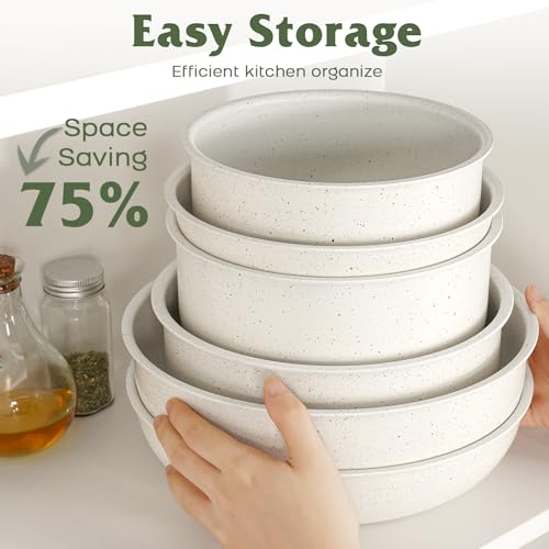 Image of SODAY 18Pcs Pots and Pans Set Non Stick,Detachable Handle, Oven Safe | Nonstick,white, Aluminum, Granite coating,induction ready, RV kitchen, stackable design, space-saving for small kitchens