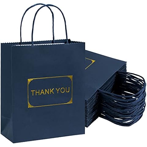 Katfort Thank You Gift Bags 20pcs, 8''×3.7''×9.4'' Medium Size Navy Blue Gift Bags, Reusable Kraft Paper Bags with Handle, Navy Blue Thank You Bags Bulk for Gift Wedding Party Merchandise Cover
