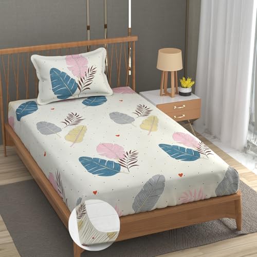 Image of Premium Heavy Cotton Elastic Fitted Bedsheets with 1 King Size Pillow Covers | Single Bed with All Around Elastic 350 TC | 36 x 78 x 6 Inch Single Size Fitted | - Colorfull Wings