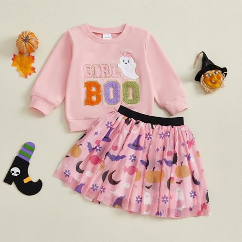 Rtnnsbbfcm Toddler Baby Girl Halloween Outfit Long Sleeve Ghost Letter Embroidery Sweatshirt Top Tulle Skirt 2Pcs Set2