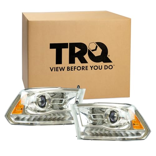 Image of TRQ 2 Piece Headlight Assembly Set Chrome Bezel Driver & Passenger Side Compatible with Ram 1500 2500 3500 2013-2018 CH2502244 CH2503244 68093216AD 68093217AD
