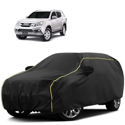 Image of Sulfar 100% Water Resistant Car Body Cover Compatible with Mirror for Isuzu MU X (Triple Stitched, Full Bottom Elastic, Black Tafetta with Yellow Piping)