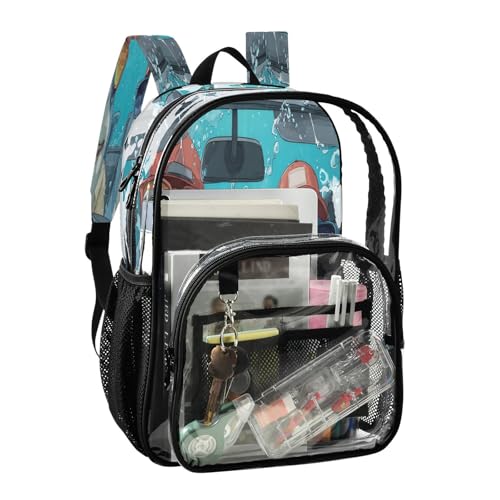 Cartoon Shark Drive Car Clear Backpack Heavy Duty See Through Transparent PVC BookBag for Kids Boy Girl School Work2