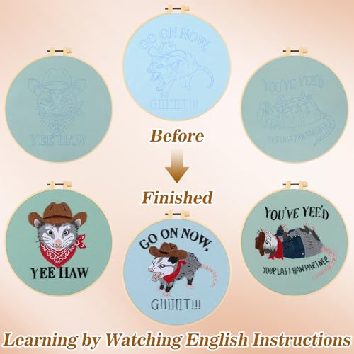 Image of Mindsoft 3 Set Needlepoint Kit for Beginners with Hoop,Cowboy Possum | Bamboo Hoop Thread Needles Instructions, Easy Hand Embroidery for Beginners Home Crafts,Pre-stamped Funny Cute Designs