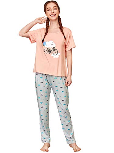 DIDK Women's Cartoon Cloud Print Round Neck Short Sleeve Tee and Pants Pajama Set Multicolor XL