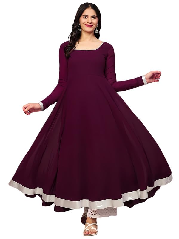 Image of KZA Women's Georgette Hand Embroidered Flared Anarkali Suit for Women | Full Sleeves Flare Anarkali Dress for Woman | Ethnic Flared Anarkali Kurta for Women