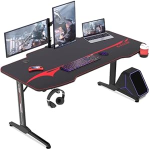 Gaming Tisch 160 cm Gaming Schreibtisch Gamer Computertisch Ergonomischer PC Tisch mit Getränkehalter und Kopfhörerhalter T-Förmiger (Schwarz, 160 x 60 cm)