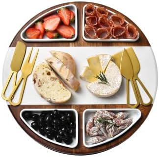 Shanik Upgraded Lazy Susan Marble Cheese Cutting Board Set, Round Acacia Charcuterie Board, Cheese Serving Platter with 4 Ceramic Bowls and Craft - Gift For any Occasion (Without Engraving)
