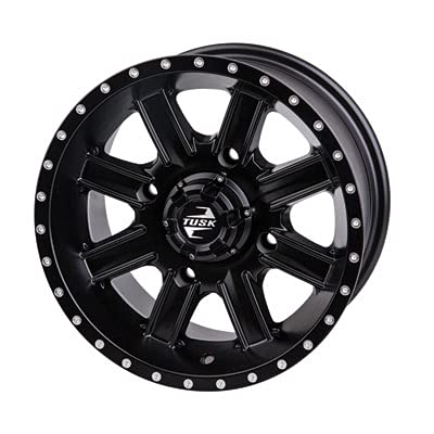Image of Tusk Racing Four 28x10-14 Tusk TERRABITE 8-Ply Radial UTV Tires mounted on Tusk CASCADE Wheels - For POLARIS applications - 4 /156 bolt pattern - Includes Lug Nuts (4+3 Wheel Offset, Matte Black)