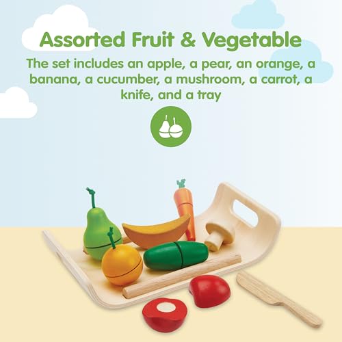 Image of PlanToys Wooden Fruits & Vegetables Cutting Set | Montessori-Inspired Play Food for Toddlers | Pretend Play Kitchen Toy with Knife and Tray | Educational Fine Motor Toy