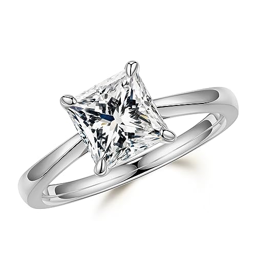 MOOSEA Moissanite Engagement Ring, 1.5ct D Color VVS1 Clarity Princess Cut Solitaire Lab Created Moissanite 14K White Gold Plated 925 Sterling Silver Promise Ring, Classic Style, Unisex