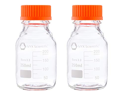 Round Media Storage Bottle, Borosilicate Glass, with GL45 Screw Cap - Pack of 2 (250 mL)