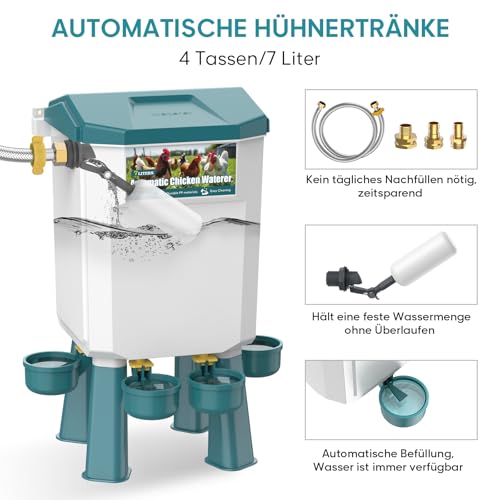 CHAMUTY Futterautomat Hühner, 7 Liter Hühnertränke Tränke Hühner, Automatische Geflügeltränke für Geflügel Mit 1,5m Wasserleitung, Schwimmerventil, Hühnerzubehör, Bruchfester langlebiger Kunststoff