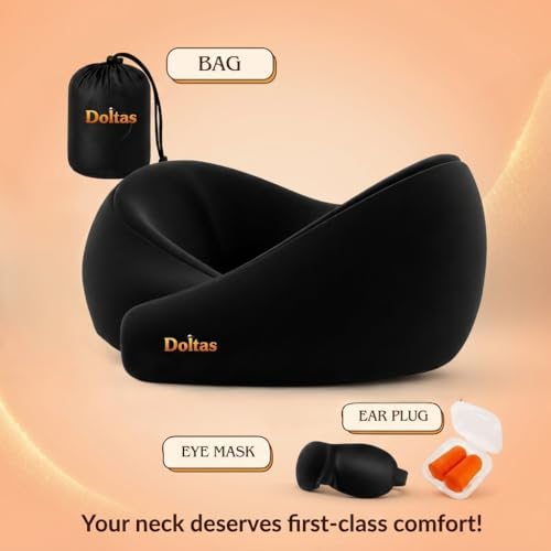 Image of DOLTAS Travel Neck Pillow - 100% Memory Foam Neck Support Pillow for Flight Travel, Adjustable Velcro Straps, Includes Eye Mask & Noise Isolating Ear Plugs with Free Travel Pouch | Velvet Black