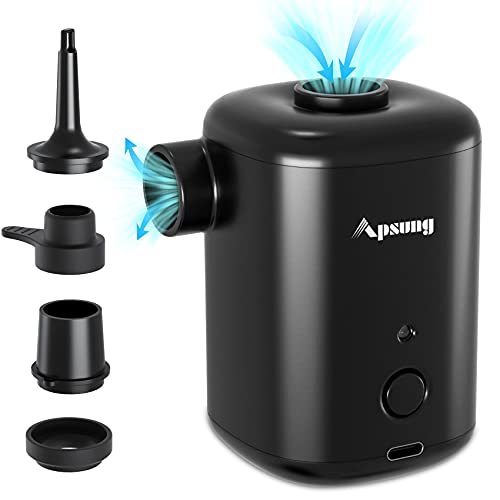 Electric Air Pump for Inflatables, Apsung Portable Cordless Quick-Fill Rechargeable Air Mattress Pump, Inflator Deflator with 4 Nozzles for Swimming Rings/ Pool Floats/ Vacuum Storage Bag Electric Air Pump for Inflatables, Apsung Portable Cordless Quick-Fill Rechargeable Air Mattress Pump, Inflator Deflator with 4 Nozzles for Swimming Rings/ Pool Floats/ Vacuum Storage Bag