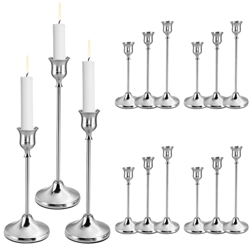 INTERWARM 15 pièce 3 Tailles de Bougeoirs Coniques Argentés Bougeoir Décoratif Chandelier en Métal Ensemble de Bougeoirs pour la Décoration Intérieure...