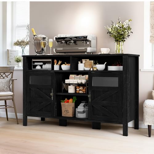 YITAHOME Farmhouse Buffet Cabinet, 55" Large Sideboard with Doors & Open Storage, Multipurpose Storage Cabinet for Kitchen & Living Room (Black) Dark Black Oak