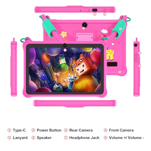 Image of PRITOM Lanyard Kids Tablet 7 inch, 32GB Toddler Tablet Android 13 with WiFi, Dual Camera, Education, Games, Kids Software Pre-Installed, Parental Control, Pink