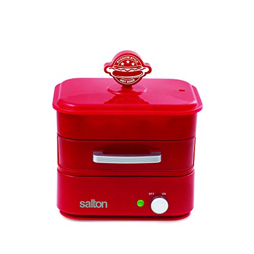Salton Treats Steamer for Extra Large Authentic Stadium-Style Hot Dogs and Sausages, 8 Hot Dog and 4 Bun Capacity to Steam and Warm Breakfast Sausages, Brats, Vegetables, Fish, 350 Watts, Red (HD1905)