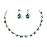 Clearine Prom Costume Jewellery, Oval Crystal Collar Statement Necklace Teardrop Pierced Dangle Earrings Weddding Jewellery Set for Women Bridal Bridesmaids Emerald Green Gold-Tone