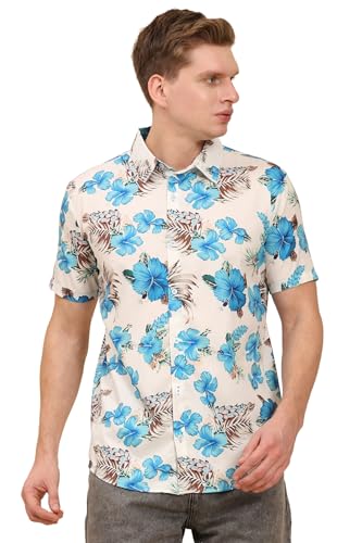 Image of Mens Printed Casual Shirts Short Sleeves Button Down Tropical Shirts (MS1 White Turquoise M)