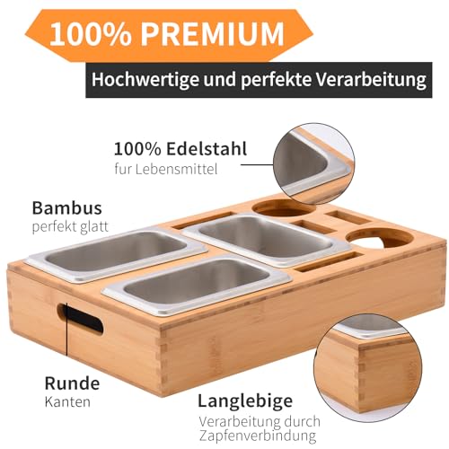 Couchbar Snackbox, Snackspender mit 3X Snackschale, Bambus Sofatablett für Sofa, Deko, Couch Bar mit Getränkehalter, Abnehmbarer Deckel, Snackbox mit Fächern, Couch Organizer Tablett, Sofa Butler
