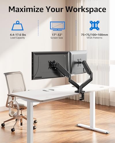 Image of MOUNTUP Dual Monitor Stand for Desk, Gas Spring Monitor Arms for 32 27 24 22 Inches, Height Adjustable Double Monitors Mount, VESA Mount with C-Clamp & Grommet Base, Holds 4.4-17.6lbs