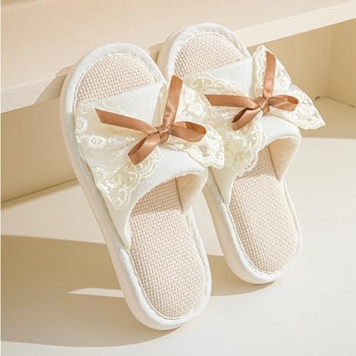 Lace Bow Slippers for Women Indoor Summer Linen Slippers Sandals Bow Tie Open Toe Home Slides Bedroom Non-Slip House Shoes Cozy Breathable Slippers with Bows2