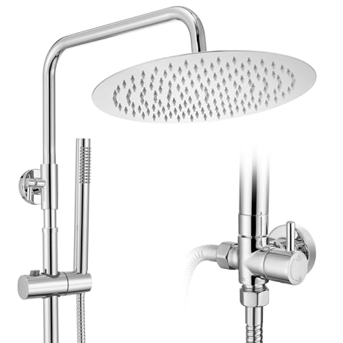 Auralum Colonne de Douche Sans Mitigeur Chrome Mat en Laiton, Colonne Télescopique 68-108cm avec Tête de Douche Rond 12