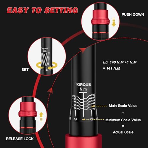 VANPO 1/2" Llave Dinamométrica 20-220Nm, 72 Dientes Moto y Coche Llave Dinamométrica Set 3 Piezas con Barra de Extensión de 125cm, 1/2"-3/8" Adaptador, para Reemplazo de Llantas - Imagen 6