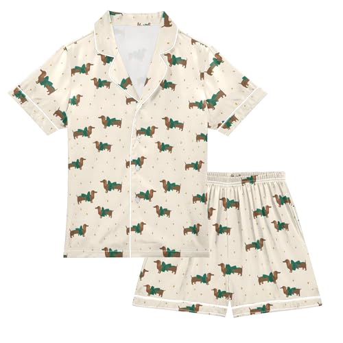 Dachshund Dog with Green Bows Pattern Summer Satin Pajama Set, Cute Button-Down Sleepwear Pj Set for Sleep Wears