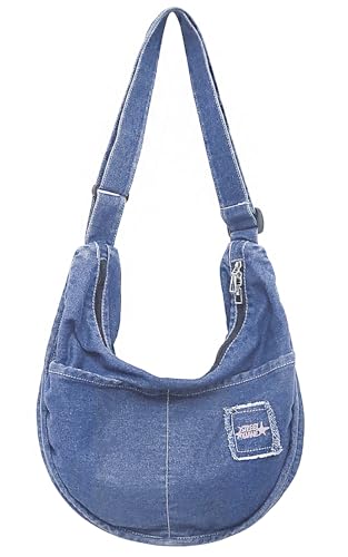 Image of Denim Hobo Halfmoon Design Roomy Large Capacity Adjustable Crossbody Shoulder Handbag Purse for Women