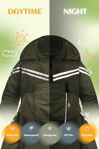 Image of CREATMO US Boys Girls Rain Coat Kids Reflective Cycling Jacket Waterproof Packable Children Windbreaker With Removable Hood
