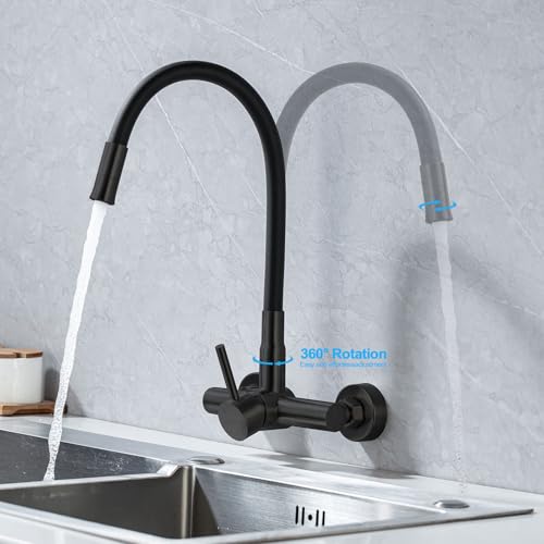 Robinet de cuisine mural avec raccord 3/4 machine et bec flexible noir à double jet - 6