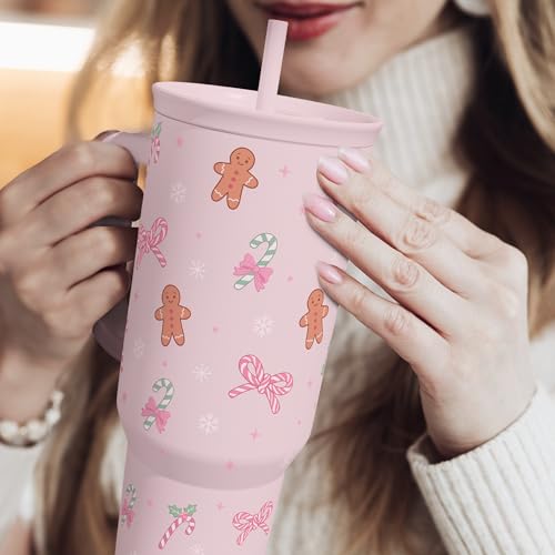 Image of SANDJEST Christmas Theme 40oz Slider Tumbler with Handle and Straw - Insulated Stainless Steel Travel Coffee Mug for Women Girls, Gift for Birthday Xmas