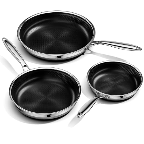 Image of Innerwell Nonstick Frying Pan Set,8 Inch&9.5 Inch&11 Inch Tri-Ply Hybrid Stainless Steel Ceramic Frying Pans Kitchen Cooking Pan Skillet 3 Piece PFAS/PFOA/PTFE Free,Dishwasher & Oven Safe