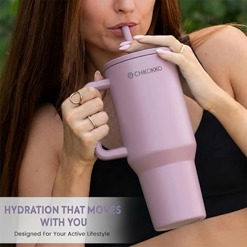 Image of CHKOKKO Stainless Steel Tumbler with Straw & Side Handle 1200ML Leak-Proof Travel Mug | Hot and Cold Double Insulated 1.2L Premium Water Bottle for Travel Gym & Office Use