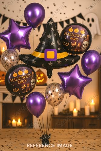 Image of AMFIN (Pack of 11) Halloween Balloon Decoration Set - Hat Foil Balloon, 2 inchHalloween Party inch Round Balloons, 2 Purple Star Balloons - Spooky Party Supplies for Kids & Adults
