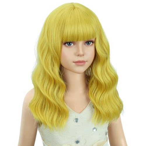 Image of PATTNIUM Girls Golden Blond Short Curly Wavy Wigs with Bangs Blond Shoulder Length Wavy Heat Resistant Synthetic Wig