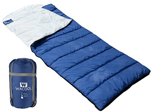 WACOOL Hooded Envelope Sleeping Bag, Extra Large 90 x 32in, Comfort Temperature Range of 23-54°F. Great for 3 Season and Cool Cold Weather. With Compression Sack. Free Inflatable Pillow Included.