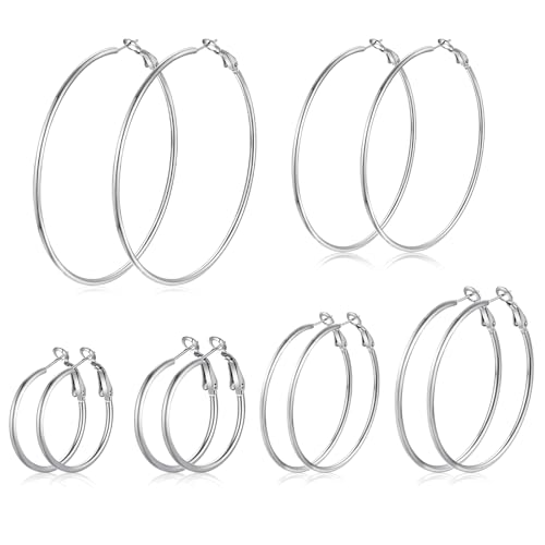 6 Paar Creolen Silber für Damen Ohrringe Groß Silber Hypoallergene Leichte Ohrringe Creolen Edelstahl für Mädchen 30/40/50/60/70/80 mm