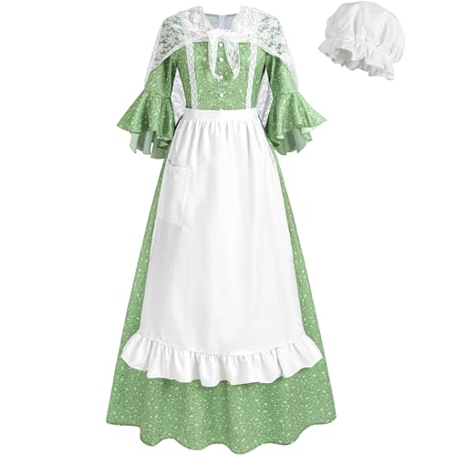 FCCAM Prairie Dress Women Floral Colonial Costume American Historical Pioneer Dresses with Lace Shawl XL