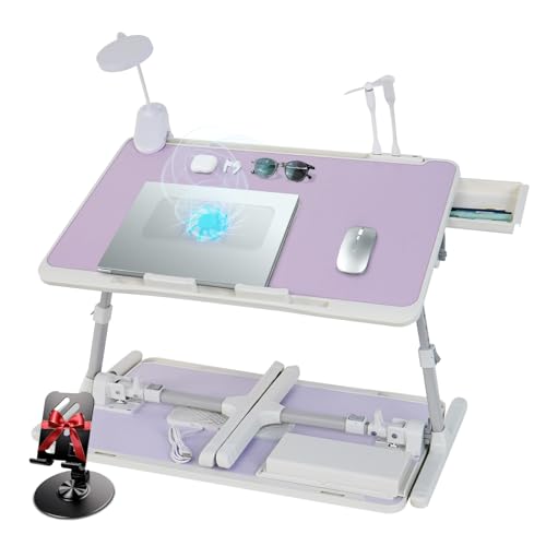 Image of Adjustable Laptop Lap Desk with Cooling Fan USB Light for Adults 60x40cm,Purple