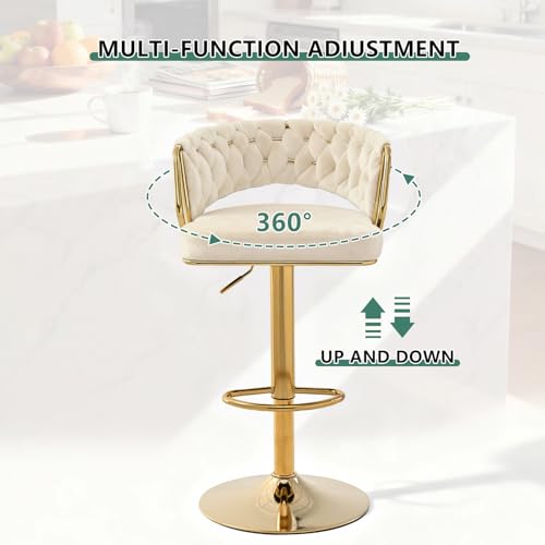 Butacos de barra en terciopelo, set de 2, modernos y giratorios con respaldo tejido, ajustables en altura, patas y base metálicas doradas, para isla de cocina, comedor, café o pub (blanco) miniatura 5